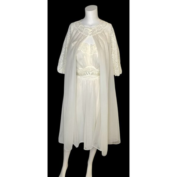 VTG Vanity Fair 60s Ivory Tricot Nylon Lace Chiffon Nightgown Peignoir Set Sz 34 - Picture 9 of 16